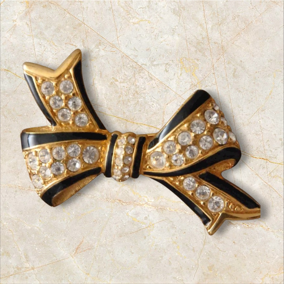 Swarovski Jewelry - Swarovski Black Enamel Gold Tone Crystal Bow Brooch 1301